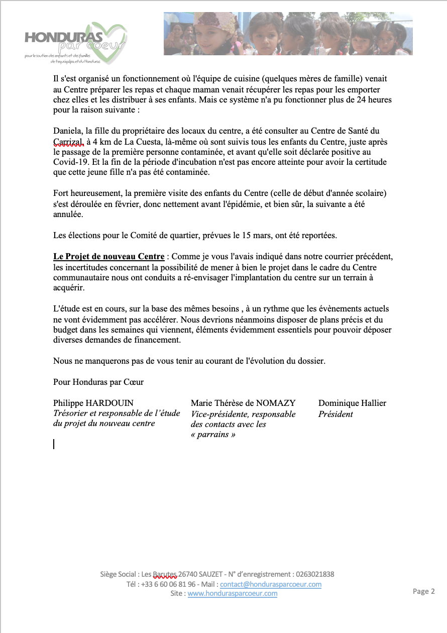 Courriers aux parrains et donateurs p2 22 mar 20